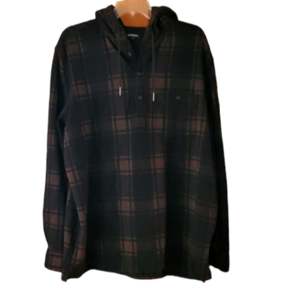 Express Other - Express Mens Plaid Flannel Hoodie Pullover Size XL